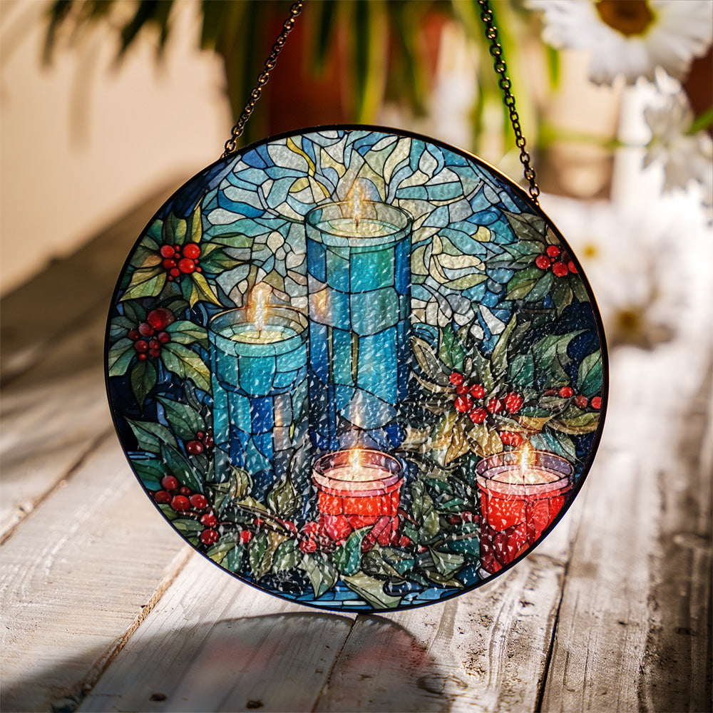 Christmas Stained Glass Suncatcher| Decorative Window Hanging | 6 Sizes | Holiday Decor Accents | Vibrant Textured | Durable Zinc Casing | Blue Candles
