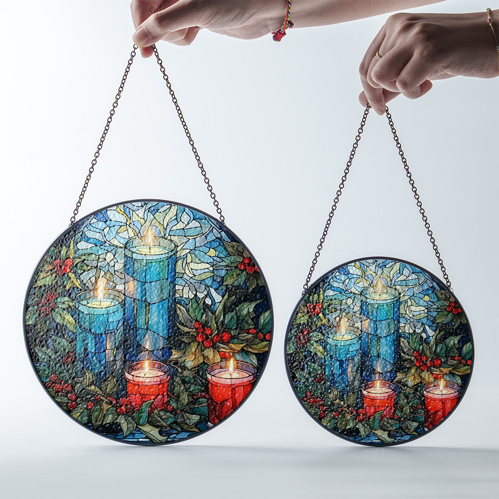 Christmas Stained Glass Suncatcher| Decorative Window Hanging | 6 Sizes | Holiday Decor Accents | Vibrant Textured | Durable Zinc Casing | Blue Candles