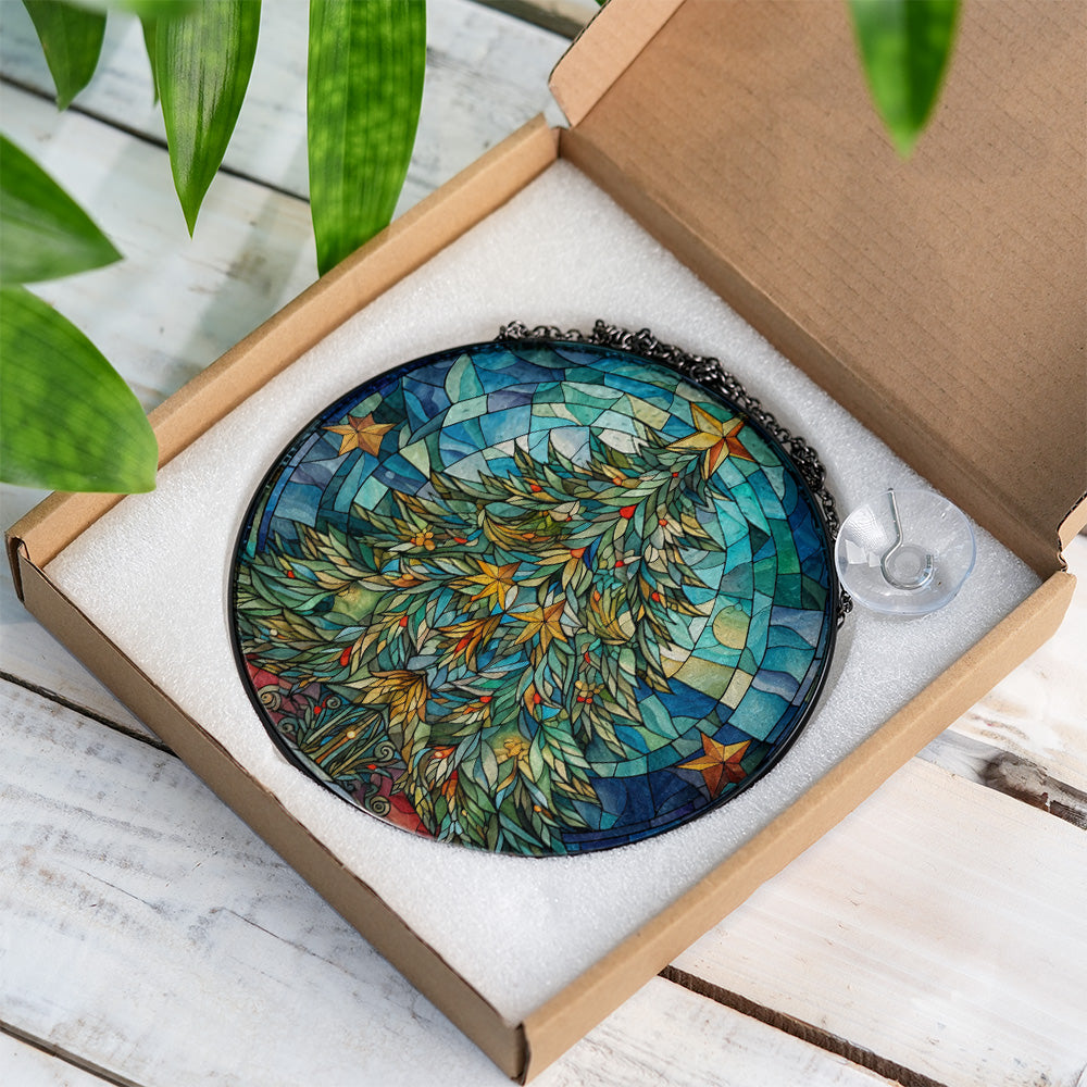 Christmas Stained Glass Suncatcher| Decorative Window Hanging | 6 Sizes | Holiday Decor Accents | Vibrant Textured | Durable Zinc Casing | X-Mas Tree