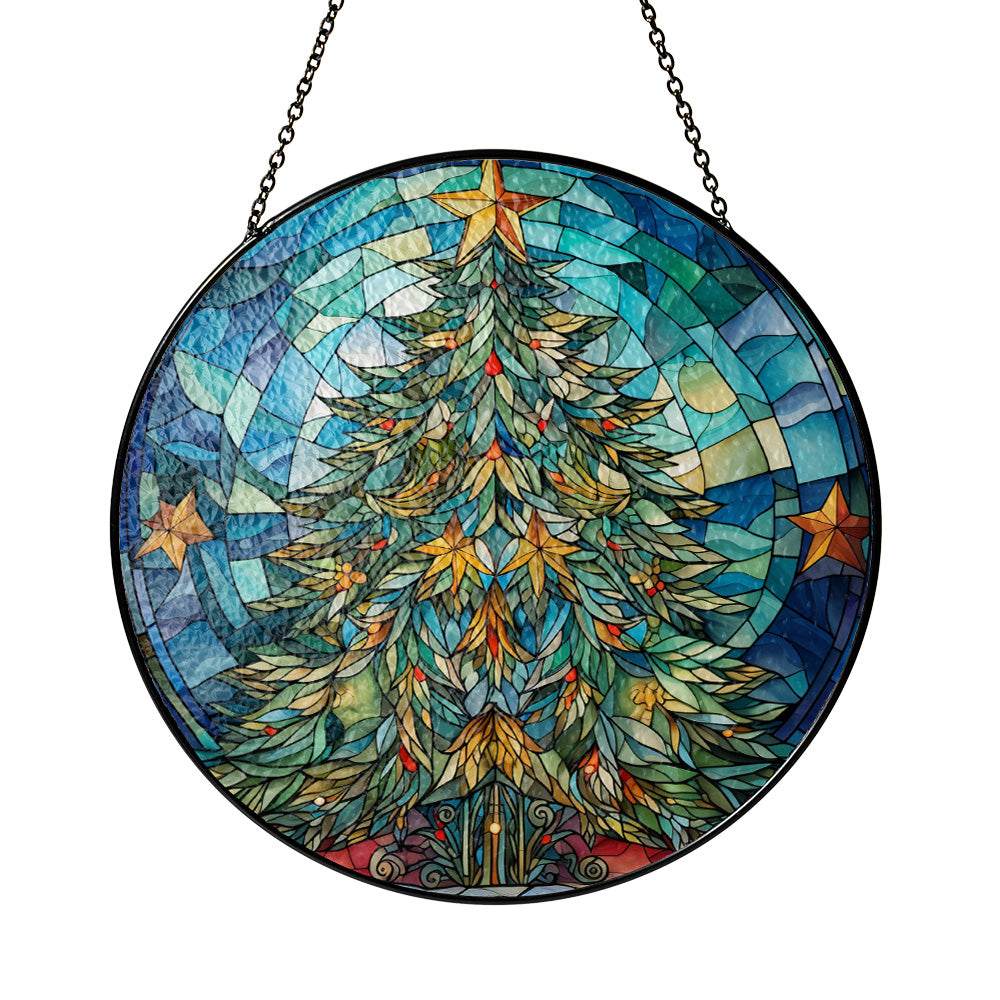 Christmas Stained Glass Suncatcher| Decorative Window Hanging | 6 Sizes | Holiday Decor Accents | Vibrant Textured | Durable Zinc Casing | X-Mas Tree