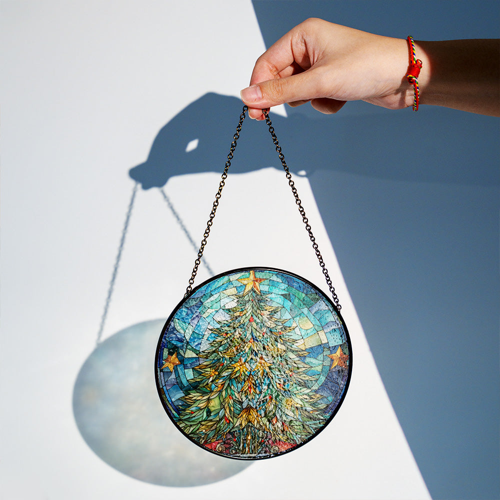 Christmas Stained Glass Suncatcher| Decorative Window Hanging | 6 Sizes | Holiday Decor Accents | Vibrant Textured | Durable Zinc Casing | X-Mas Tree