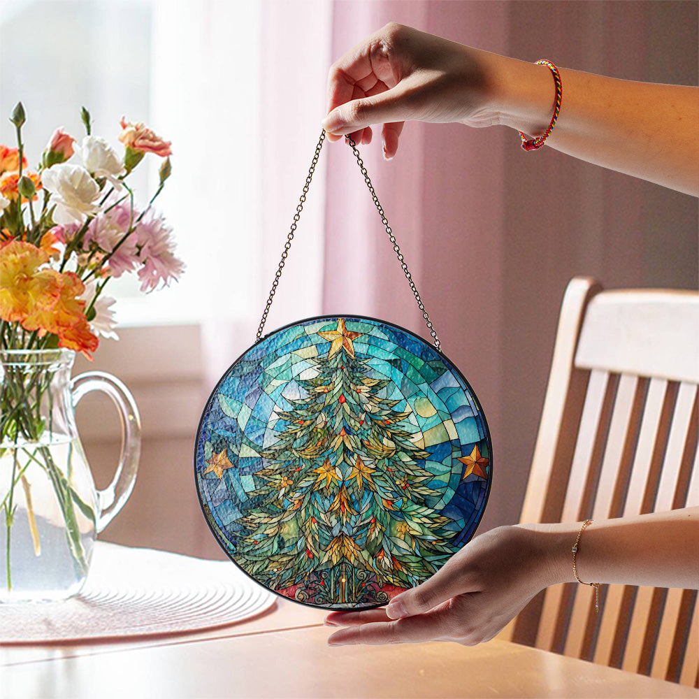 Christmas Stained Glass Suncatcher| Decorative Window Hanging | 6 Sizes | Holiday Decor Accents | Vibrant Textured | Durable Zinc Casing | X-Mas Tree