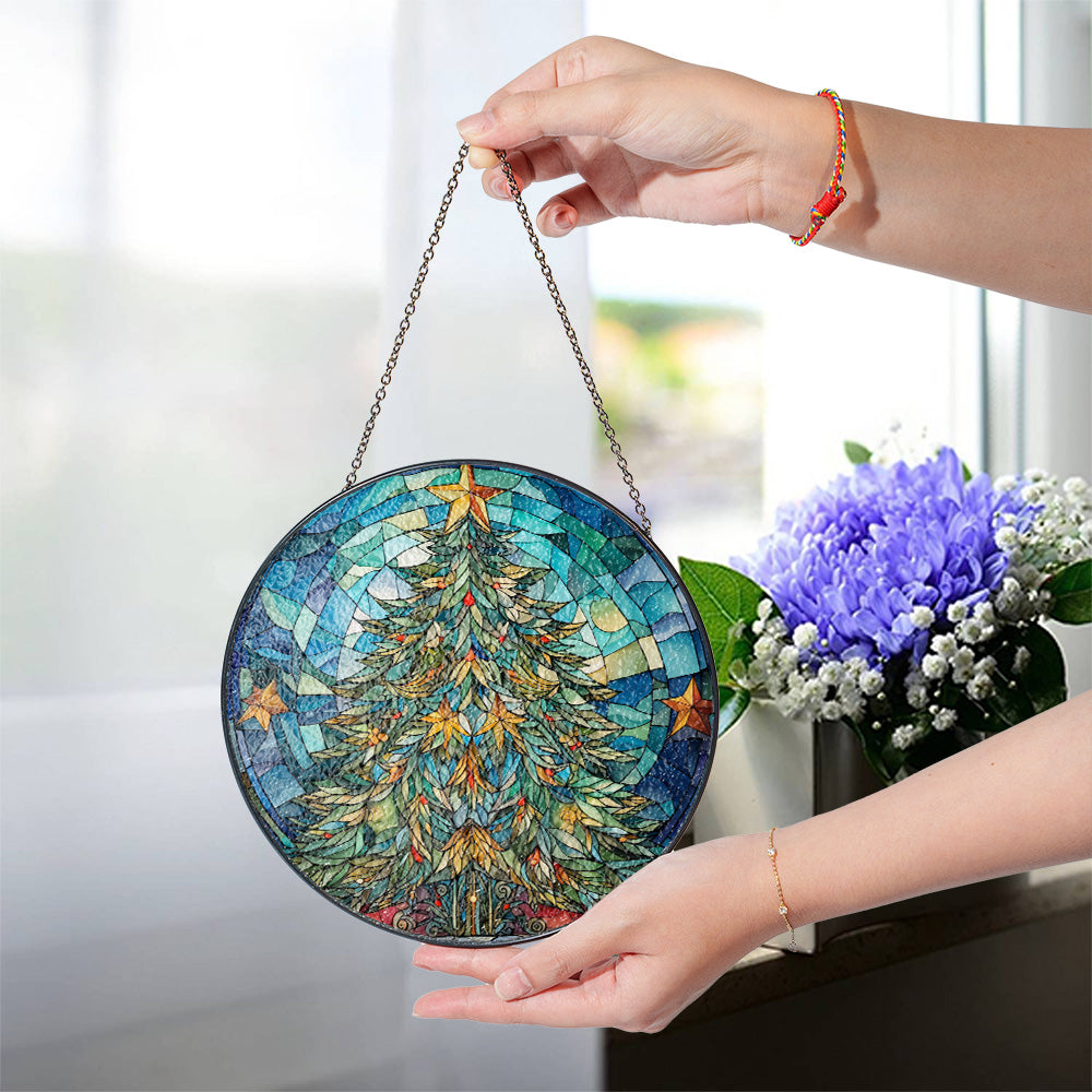 Christmas Stained Glass Suncatcher| Decorative Window Hanging | 6 Sizes | Holiday Decor Accents | Vibrant Textured | Durable Zinc Casing | X-Mas Tree