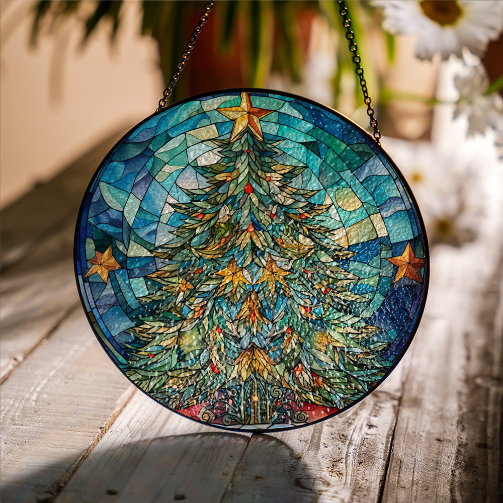 Christmas Stained Glass Suncatcher| Decorative Window Hanging | 6 Sizes | Holiday Decor Accents | Vibrant Textured | Durable Zinc Casing | X-Mas Tree