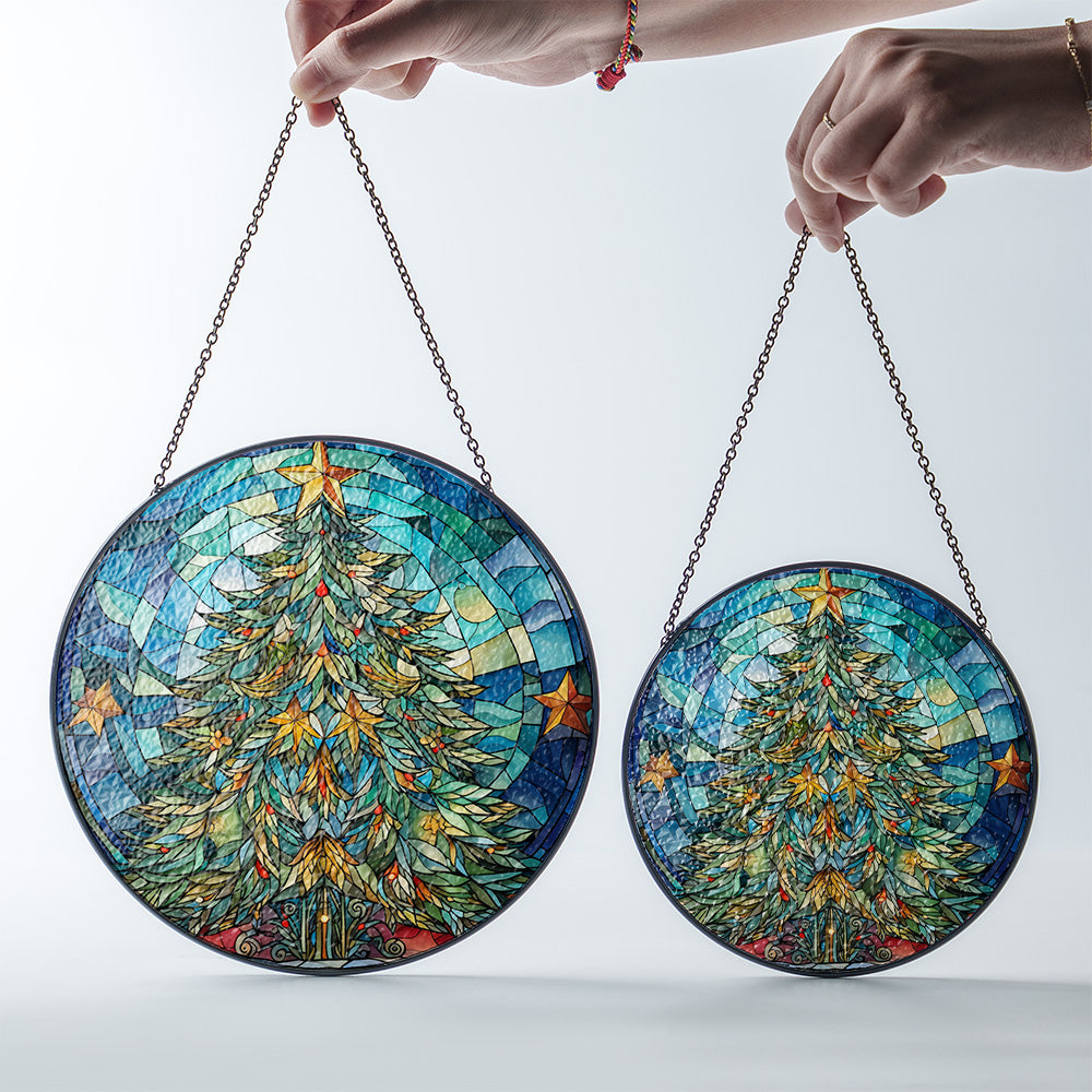 Christmas Stained Glass Suncatcher| Decorative Window Hanging | 6 Sizes | Holiday Decor Accents | Vibrant Textured | Durable Zinc Casing | X-Mas Tree