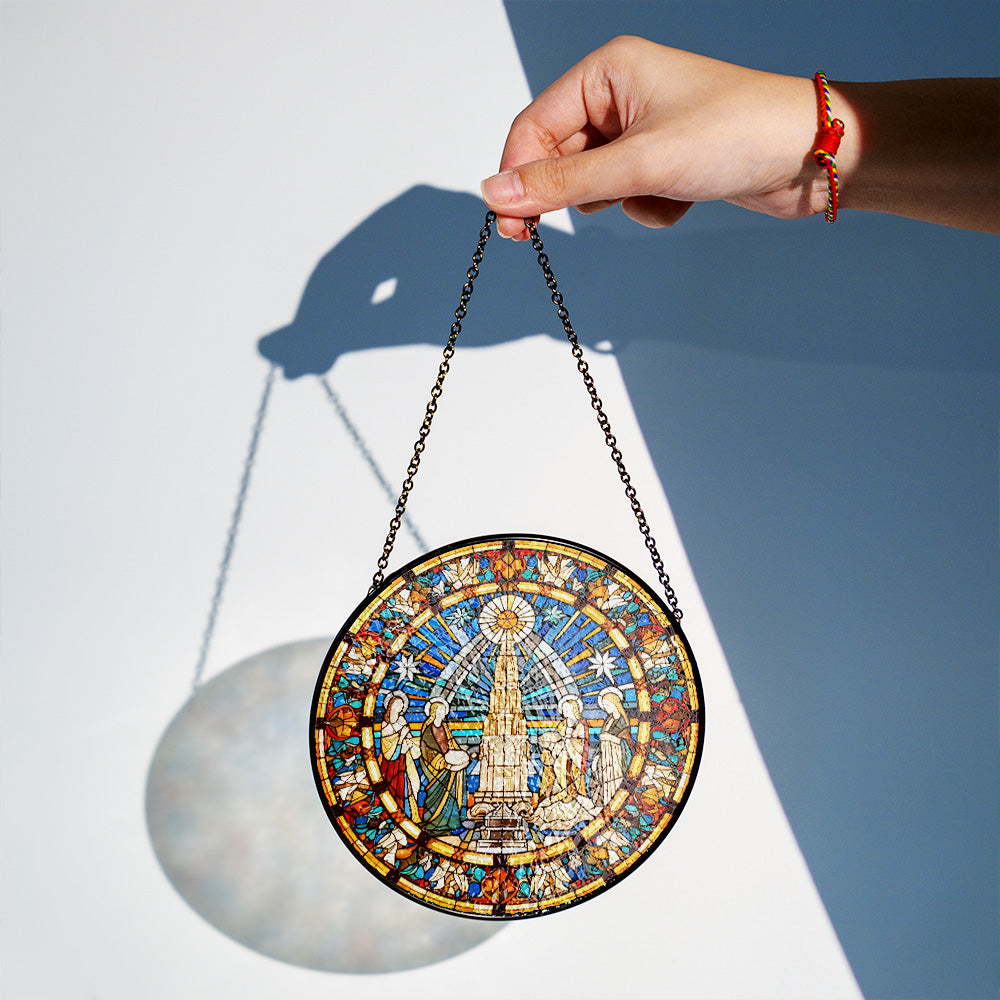 Star of Bethlehem stained glass suncatcher hanging as Christmas window decor