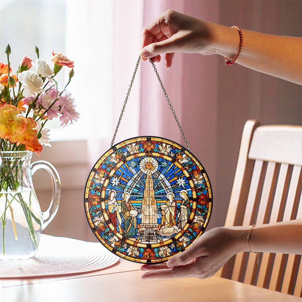 Biblical Guiding Star stained glass suncatcher displayed in natural light