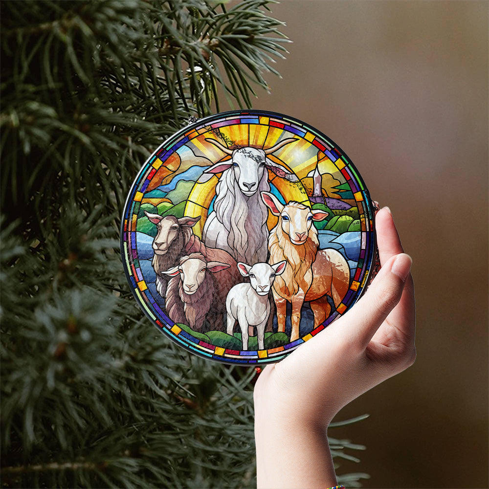 Christmas sheep stained glass window hanging for Christian home decor