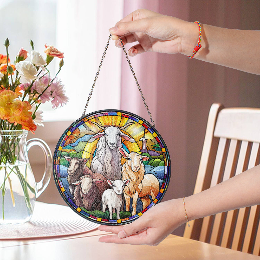 Colorful lambs stained glass suncatcher displayed in natural light