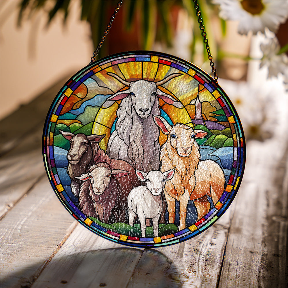 Christmas lambs glass suncatcher showing textured surface and light reflection
