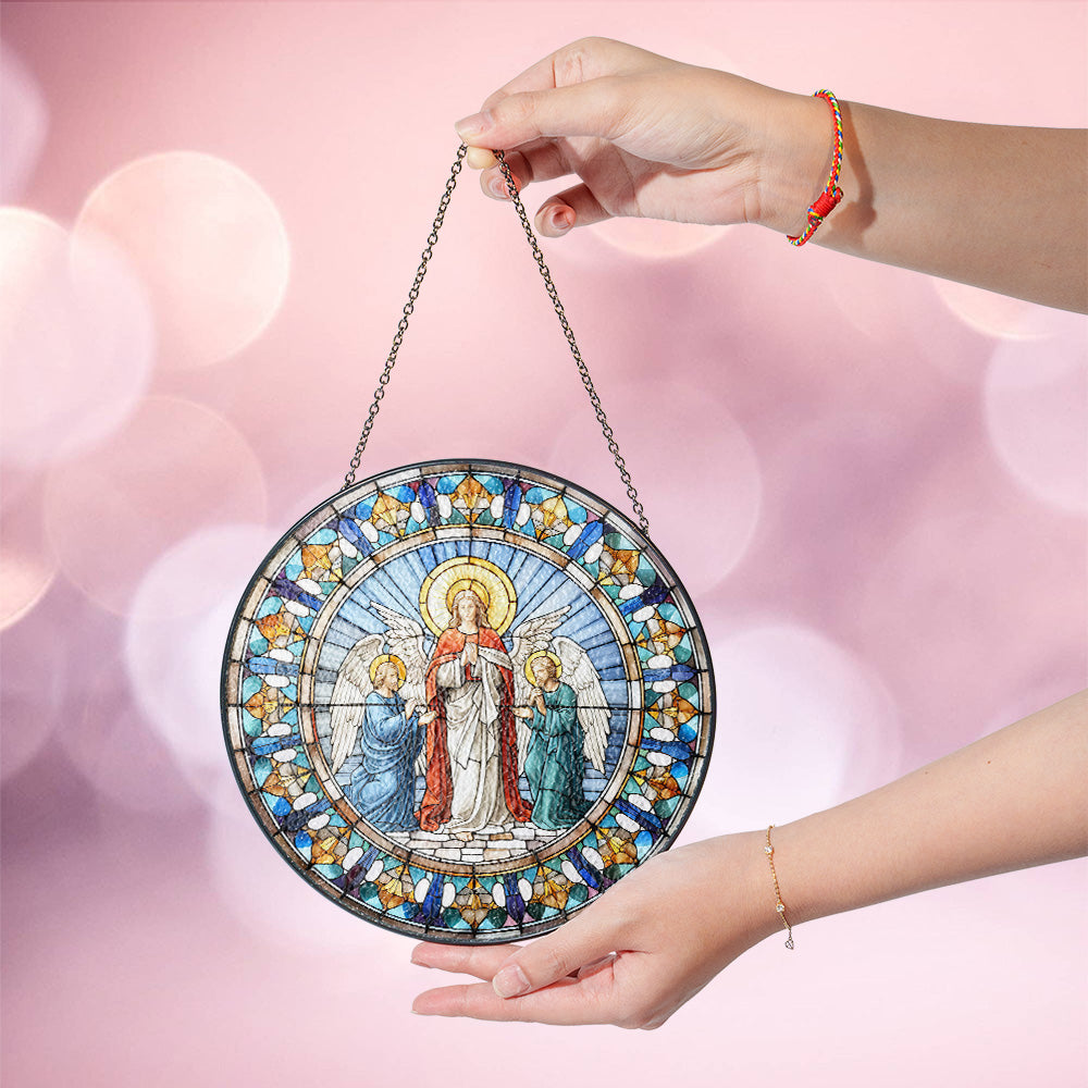 Christmas Stained Glass Suncatcher| Decorative Window Hanging | 6 Sizes | Holiday Decor Accents | Vibrant Textured | Durable Zinc Casing | Mother Mary