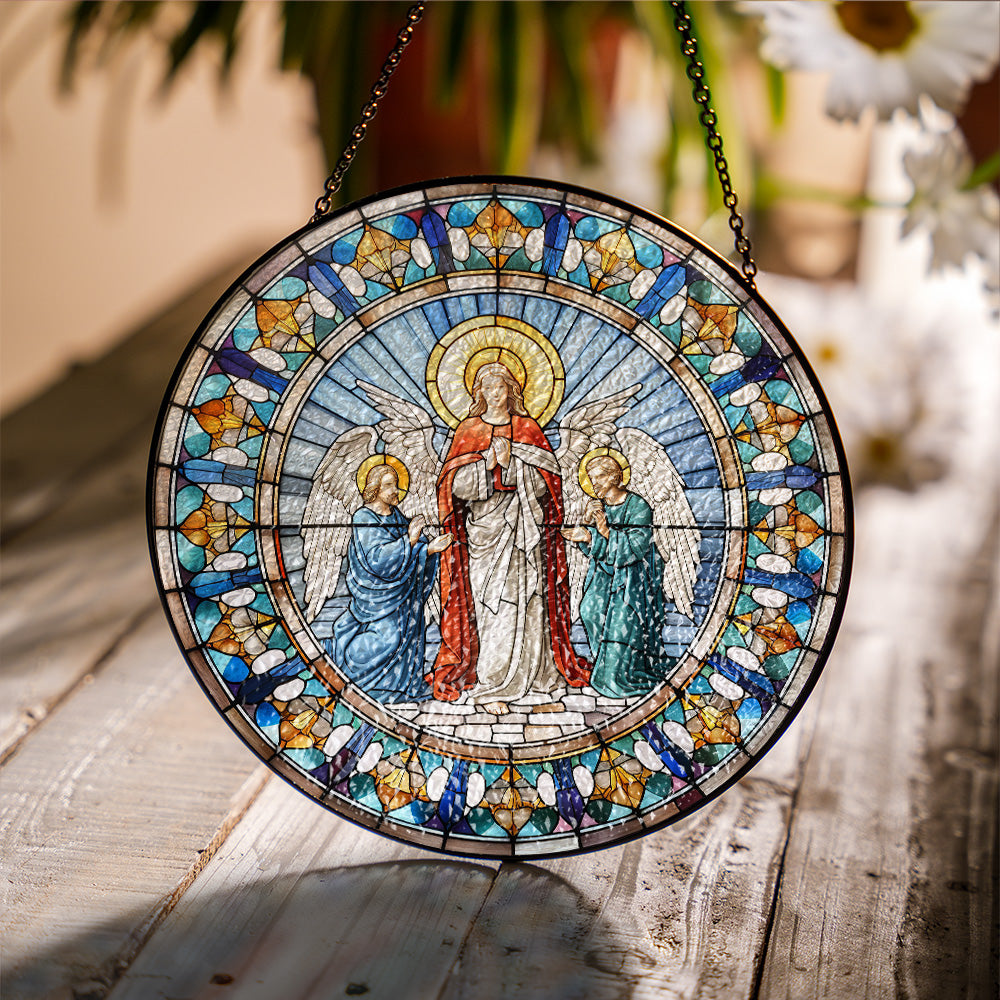 Mother Mary glass suncatcher showing textured surface and light reflection