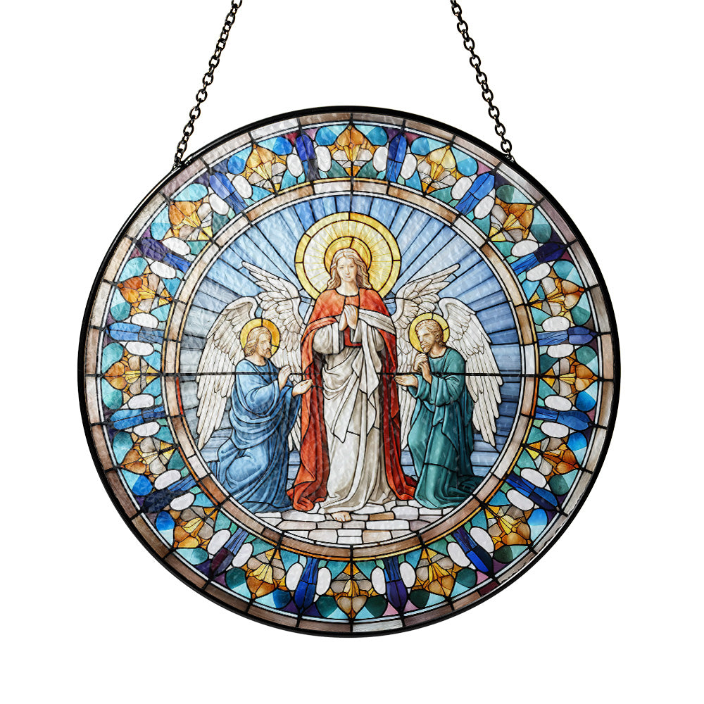 Christmas Stained Glass Suncatcher| Decorative Window Hanging | 6 Sizes | Holiday Decor Accents | Vibrant Textured | Durable Zinc Casing | Mother Mary