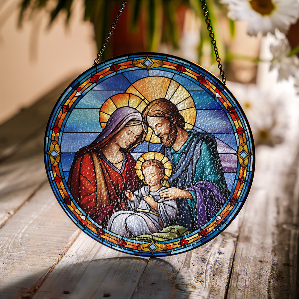 Nativity stained glass suncatcher showing colorful light effect near a window