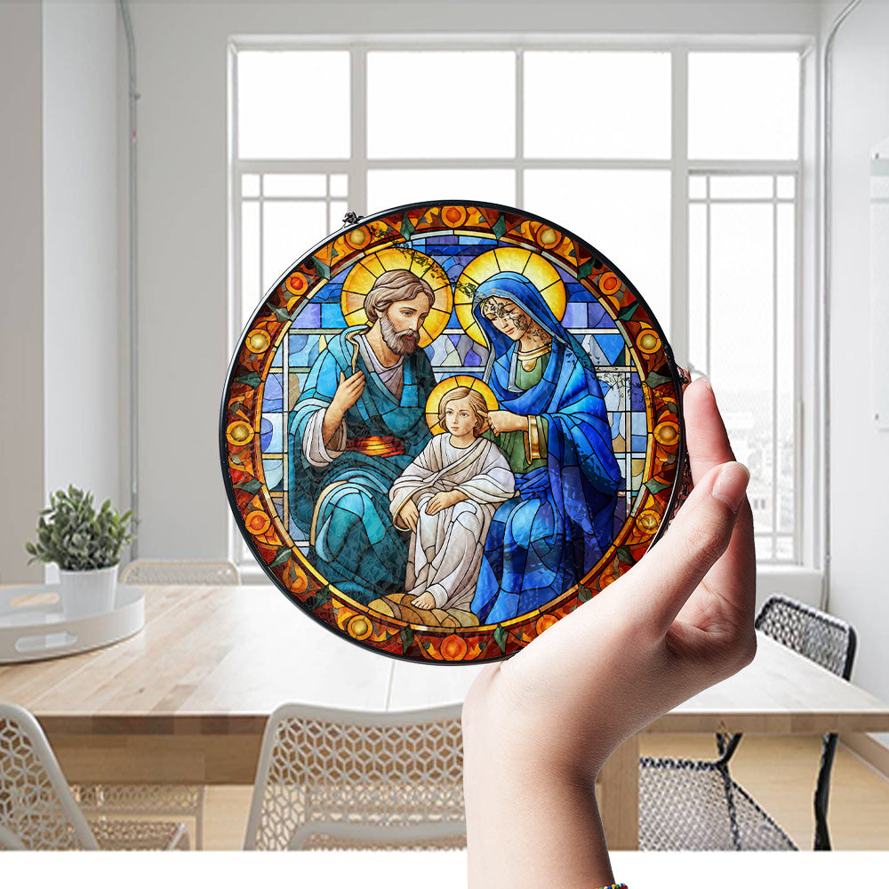 Christian Christmas stained glass suncatcher with Holy Family design and hanging chain