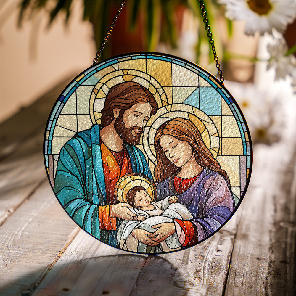 Nativity glass suncatcher showing textured surface and light reflection