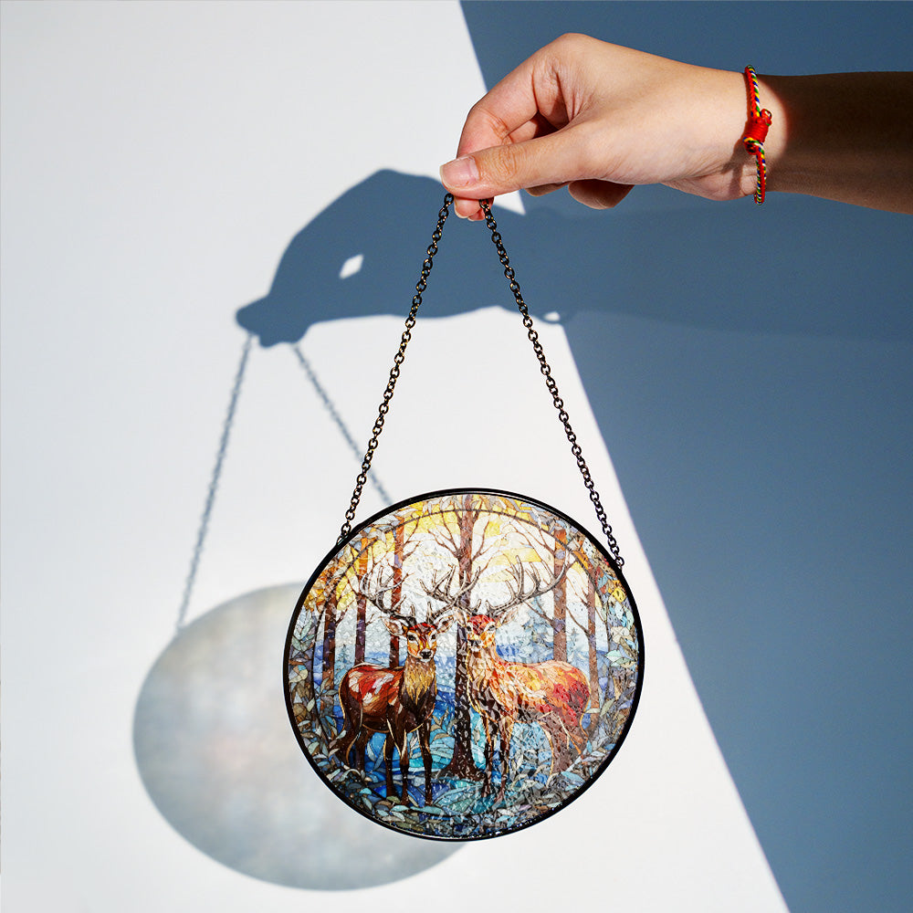 Christmas Stained Glass Suncatcher| Decorative Window Hanging | 6 Sizes | Holiday Decor Accents | Vibrant Textured | Durable Zinc Casing | Reindeer