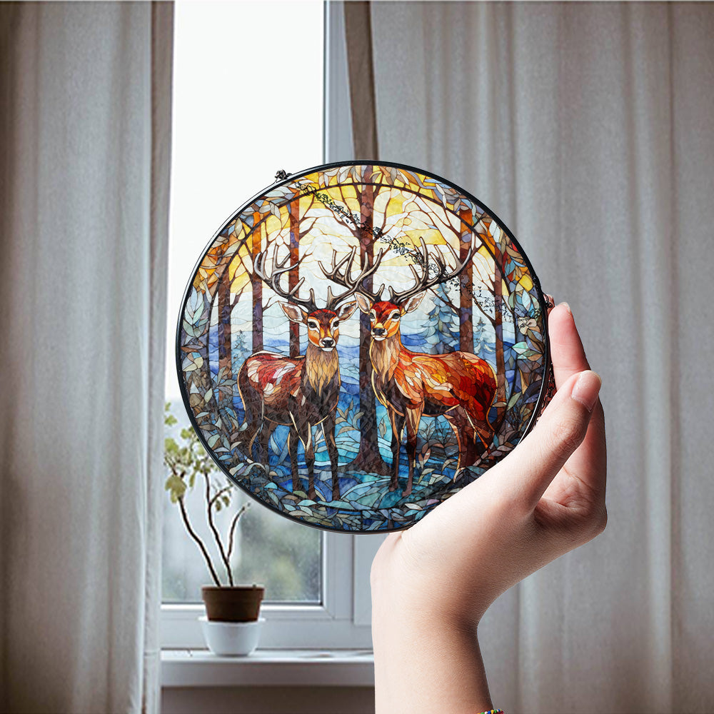 Christmas Stained Glass Suncatcher| Decorative Window Hanging | 6 Sizes | Holiday Decor Accents | Vibrant Textured | Durable Zinc Casing | Reindeer