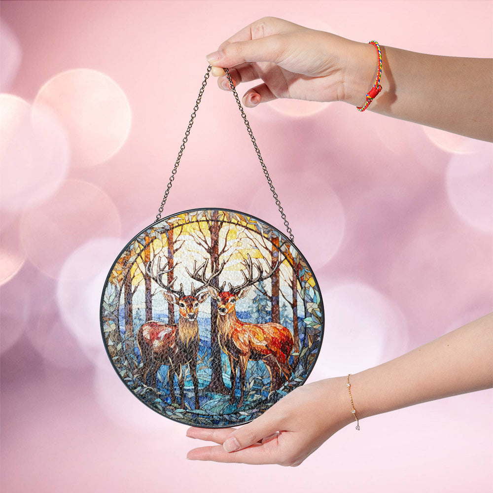 Christmas Stained Glass Suncatcher| Decorative Window Hanging | 6 Sizes | Holiday Decor Accents | Vibrant Textured | Durable Zinc Casing | Reindeer