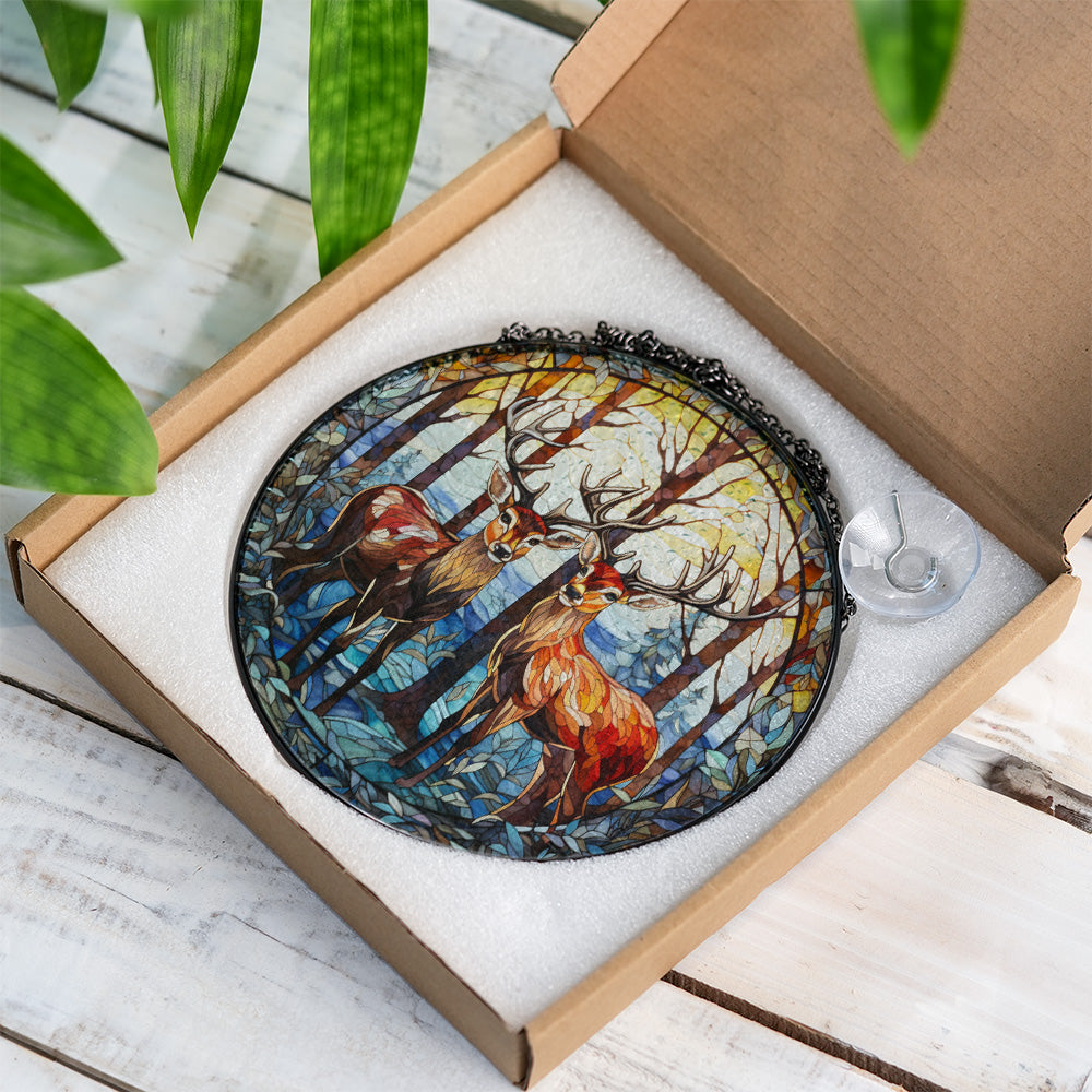 Christmas Stained Glass Suncatcher| Decorative Window Hanging | 6 Sizes | Holiday Decor Accents | Vibrant Textured | Durable Zinc Casing | Reindeer