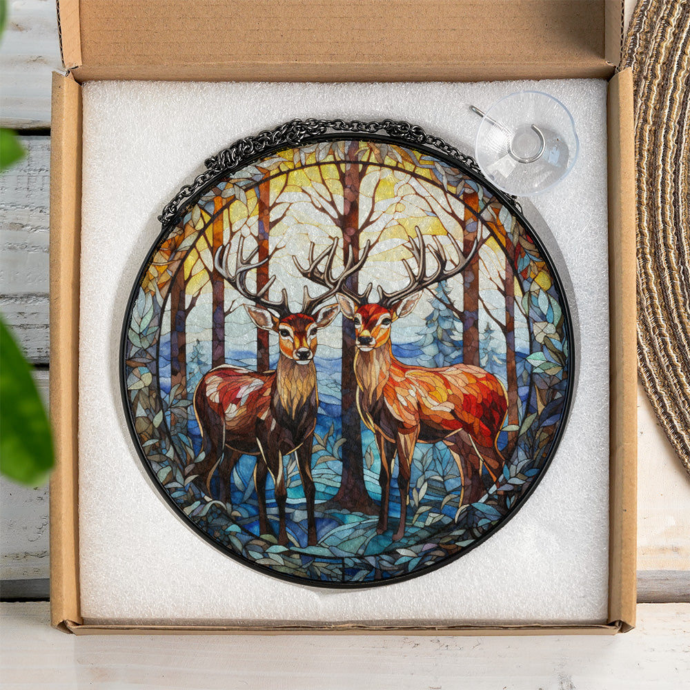 Christmas Stained Glass Suncatcher| Decorative Window Hanging | 6 Sizes | Holiday Decor Accents | Vibrant Textured | Durable Zinc Casing | Reindeer