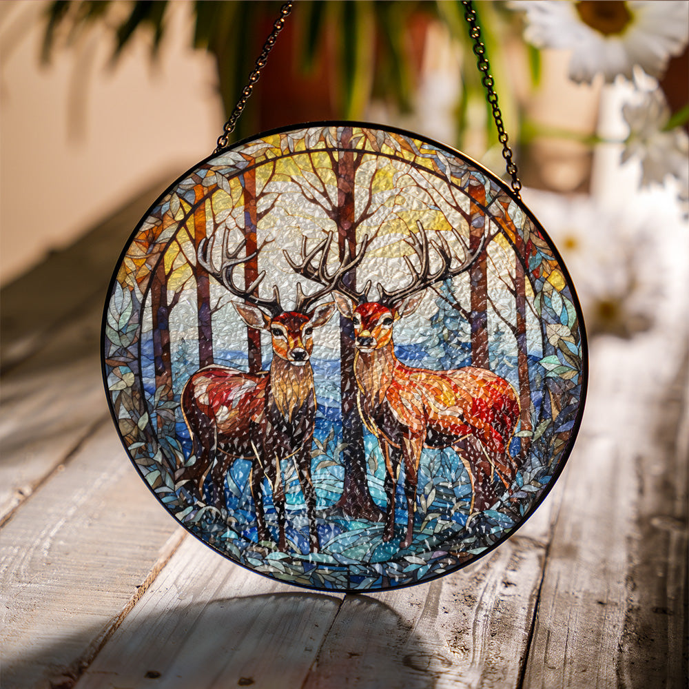 Christmas Stained Glass Suncatcher| Decorative Window Hanging | 6 Sizes | Holiday Decor Accents | Vibrant Textured | Durable Zinc Casing | Reindeer