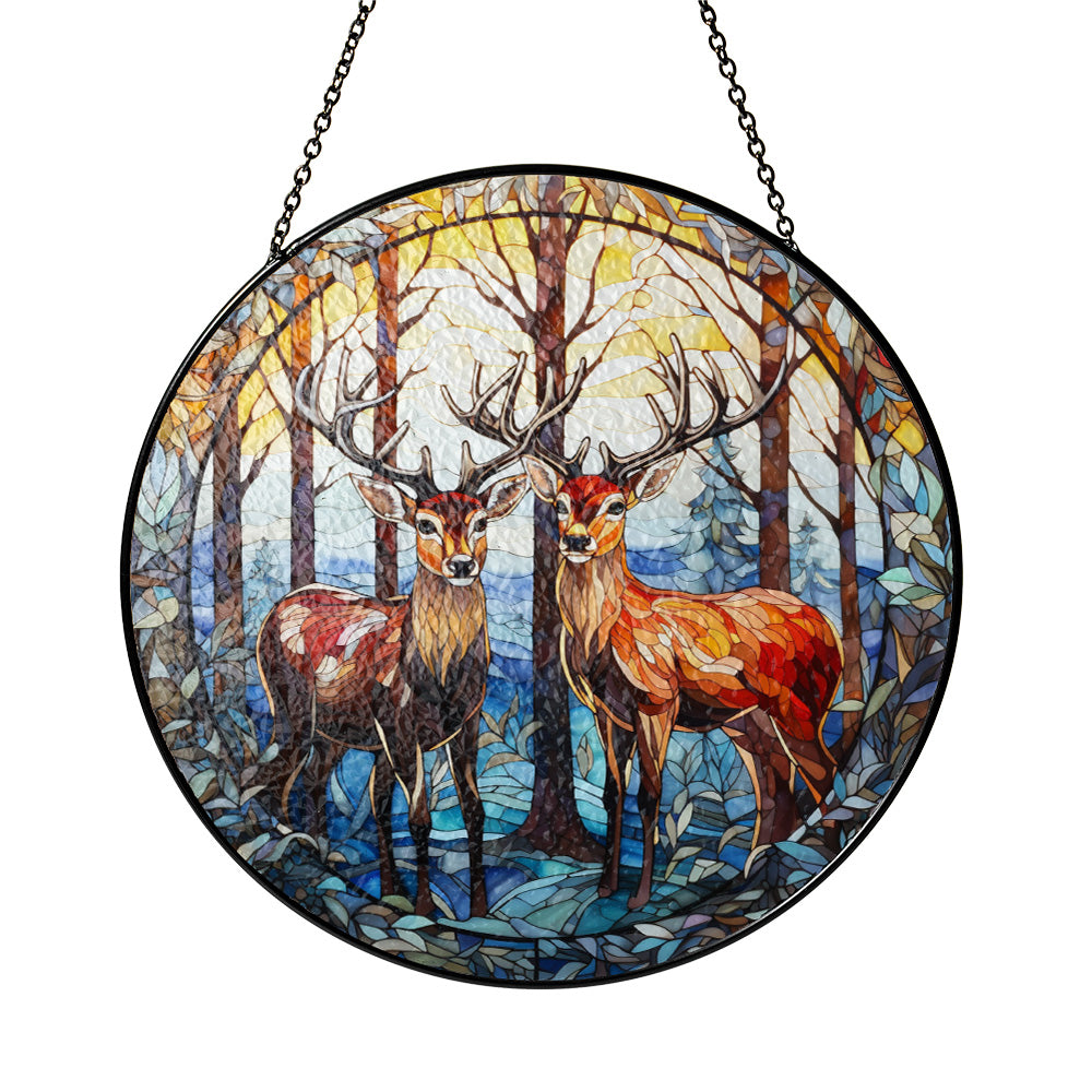 Christmas Stained Glass Suncatcher| Decorative Window Hanging | 6 Sizes | Holiday Decor Accents | Vibrant Textured | Durable Zinc Casing | Reindeer