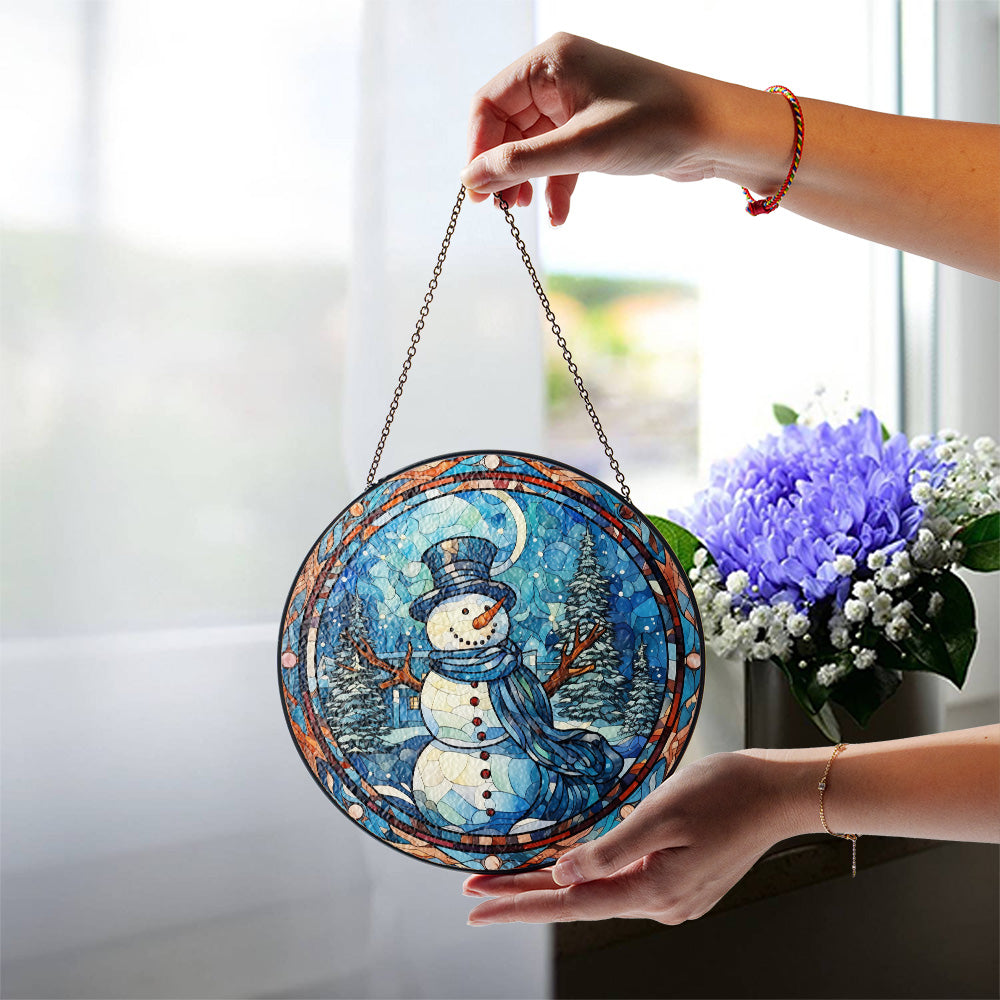 Christmas Stained Glass Suncatcher| Decorative Window Hanging | 6 Sizes | Holiday Decor Accents | Vibrant Textured | Durable Zinc Casing | Snowman