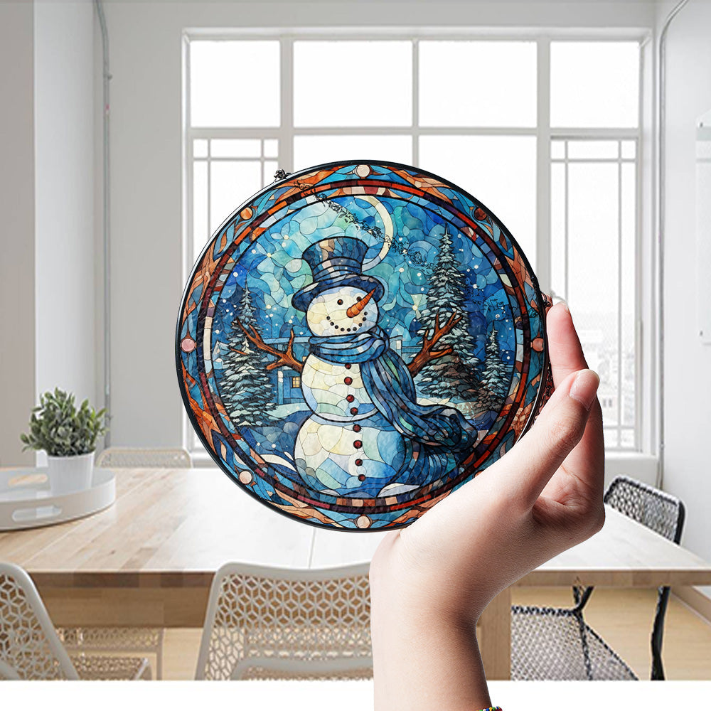Christmas Stained Glass Suncatcher| Decorative Window Hanging | 6 Sizes | Holiday Decor Accents | Vibrant Textured | Durable Zinc Casing | Snowman