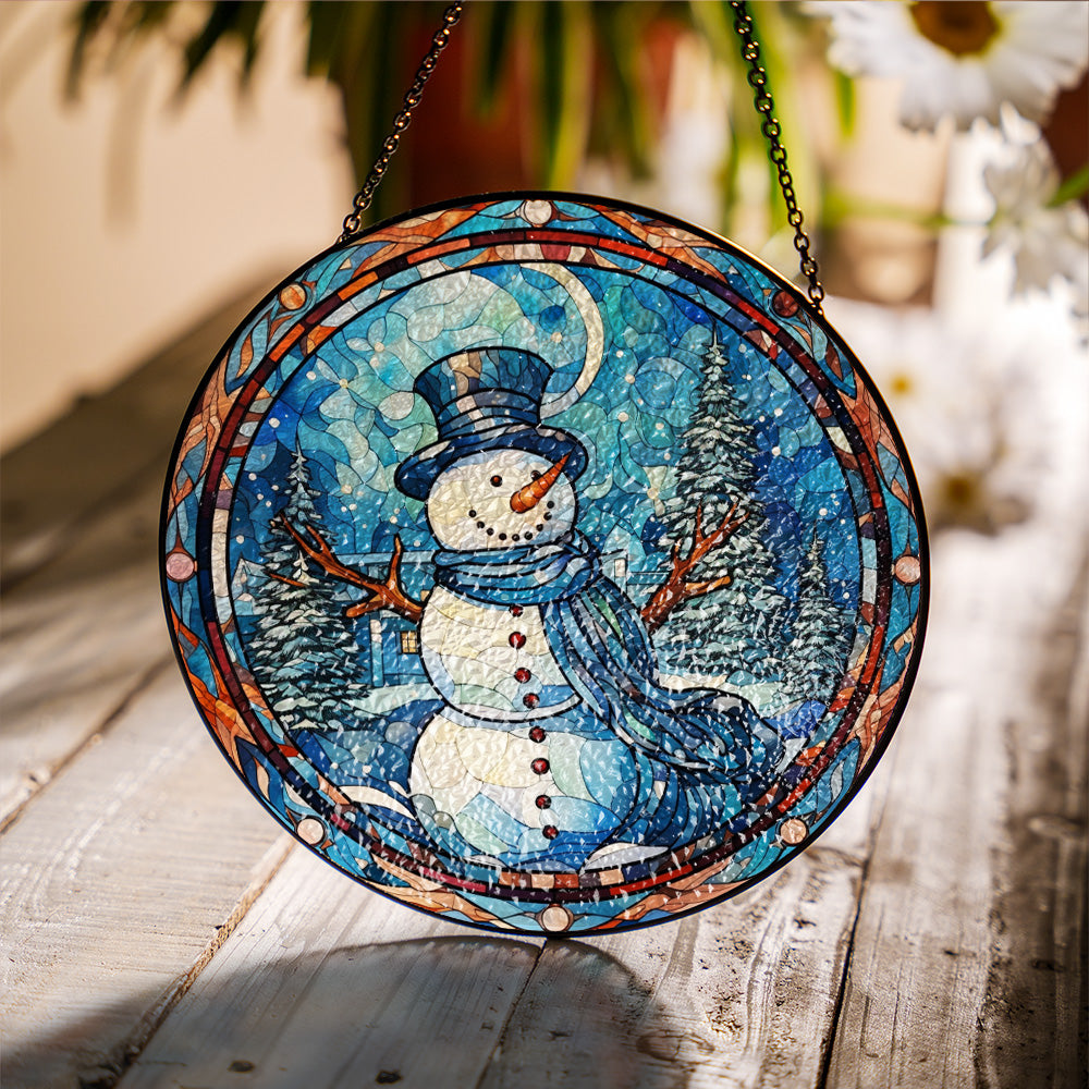 Christmas Stained Glass Suncatcher| Decorative Window Hanging | 6 Sizes | Holiday Decor Accents | Vibrant Textured | Durable Zinc Casing | Snowman