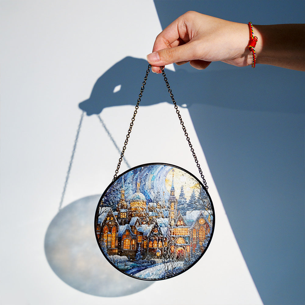 Christmas Stained Glass Suncatcher| Decorative Window Hanging | 6 Sizes | Holiday Decor Accents | Vibrant Textured | Durable Zinc Casing | Vintage Village