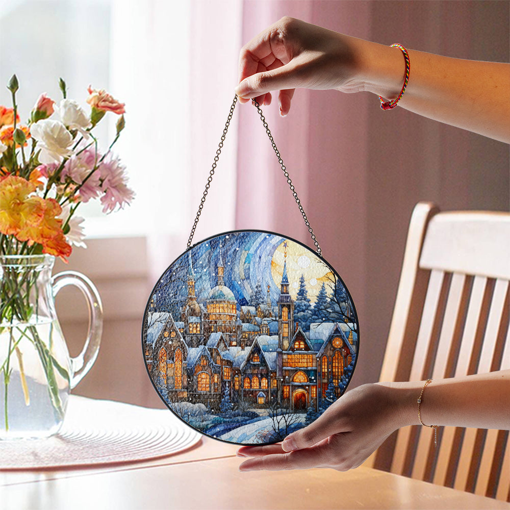 Christmas Stained Glass Suncatcher| Decorative Window Hanging | 6 Sizes | Holiday Decor Accents | Vibrant Textured | Durable Zinc Casing | Vintage Village