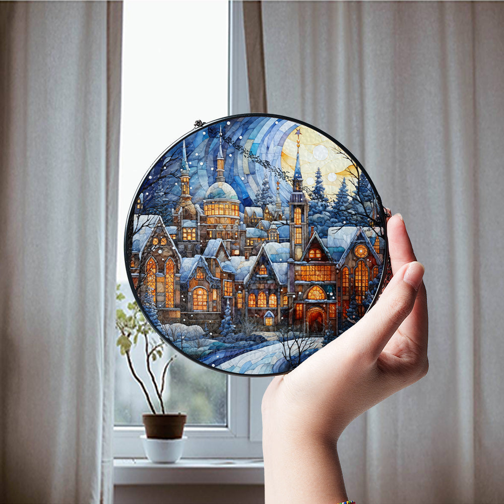 Winter village stained glass window hanging for cozy Christmas home decor