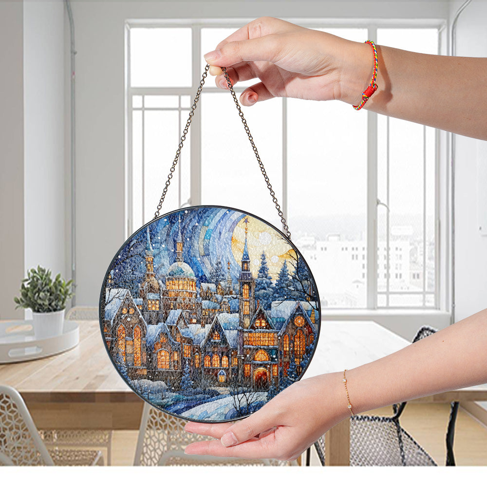 Christmas Stained Glass Suncatcher| Decorative Window Hanging | 6 Sizes | Holiday Decor Accents | Vibrant Textured | Durable Zinc Casing | Vintage Village