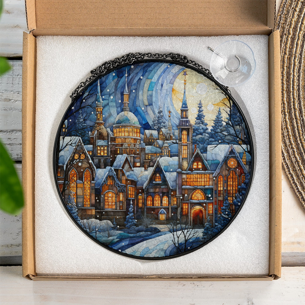 Christmas village glass suncatcher securely packed in protective foam