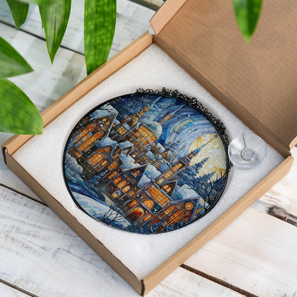 Christmas Stained Glass Suncatcher| Decorative Window Hanging | 6 Sizes | Holiday Decor Accents | Vibrant Textured | Durable Zinc Casing | Vintage Village