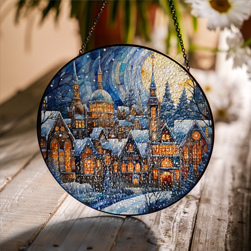 Christmas Stained Glass Suncatcher| Decorative Window Hanging | 6 Sizes | Holiday Decor Accents | Vibrant Textured | Durable Zinc Casing | Vintage Village