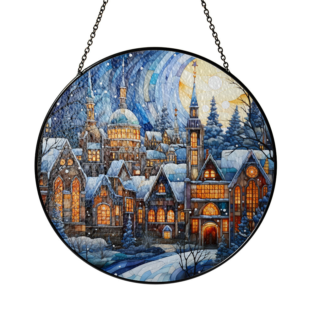 Christmas Stained Glass Suncatcher| Decorative Window Hanging | 6 Sizes | Holiday Decor Accents | Vibrant Textured | Durable Zinc Casing | Vintage Village
