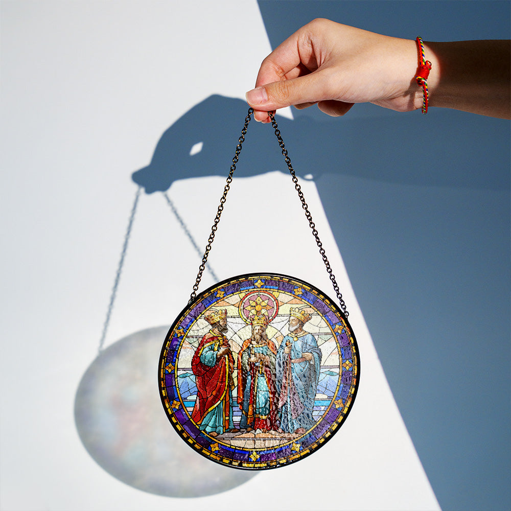 Biblical Three Wise Men glass suncatcher displayed in natural light