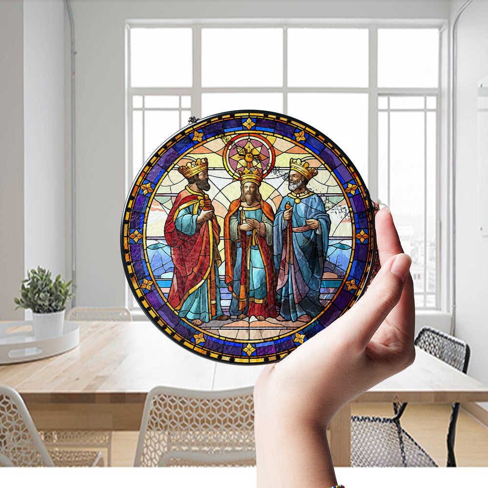 Christian Three Wise Men glass suncatcher displayed as window decor