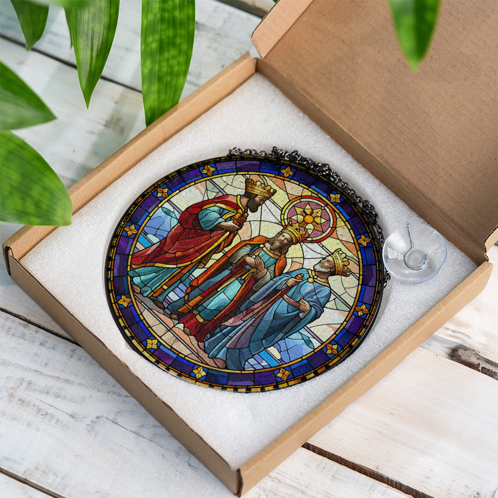 Christmas Stained Glass Suncatcher| Decorative Window Hanging | 6 Sizes | Holiday Decor Accents | Vibrant Textured | Durable Zinc Casing | Three Wise Men