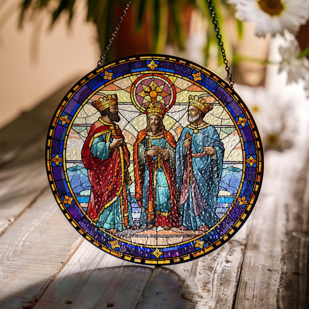 Christmas Stained Glass Suncatcher| Decorative Window Hanging | 6 Sizes | Holiday Decor Accents | Vibrant Textured | Durable Zinc Casing | Three Wise Men