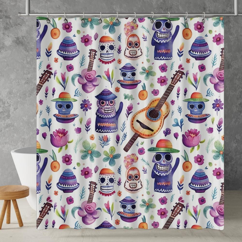 watercolor skull shower curtain in a bathroom setting