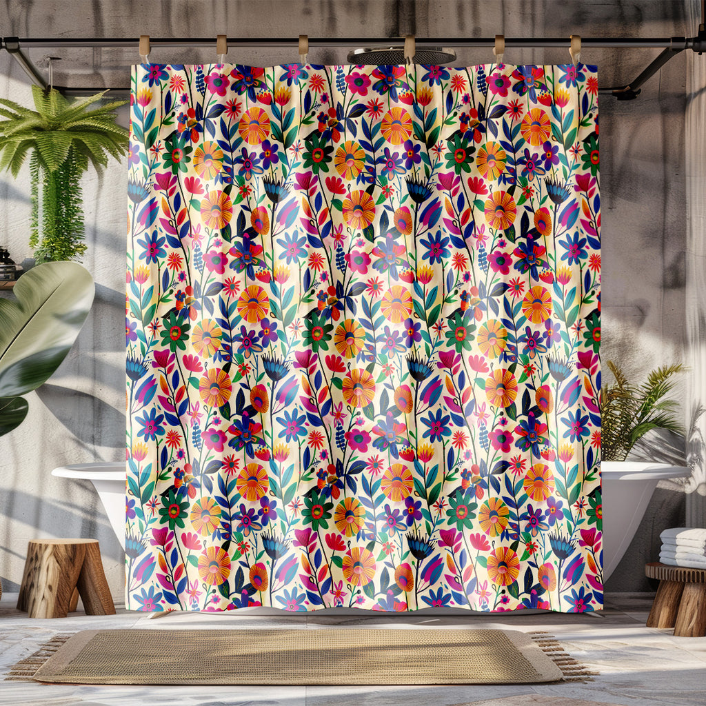 colorful garden shower curtain styled bathroom display