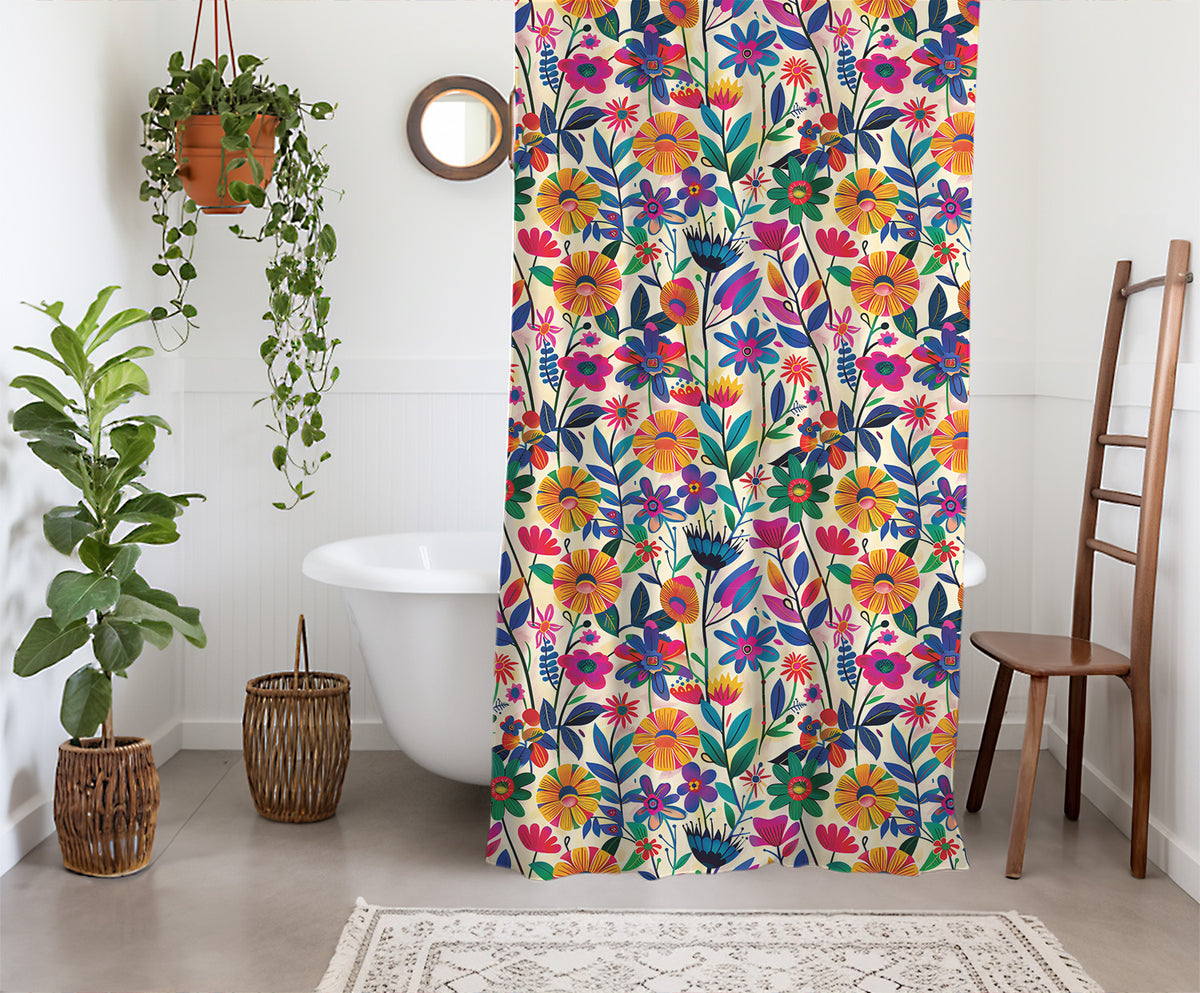 colorful garden shower curtain fabric and design detail