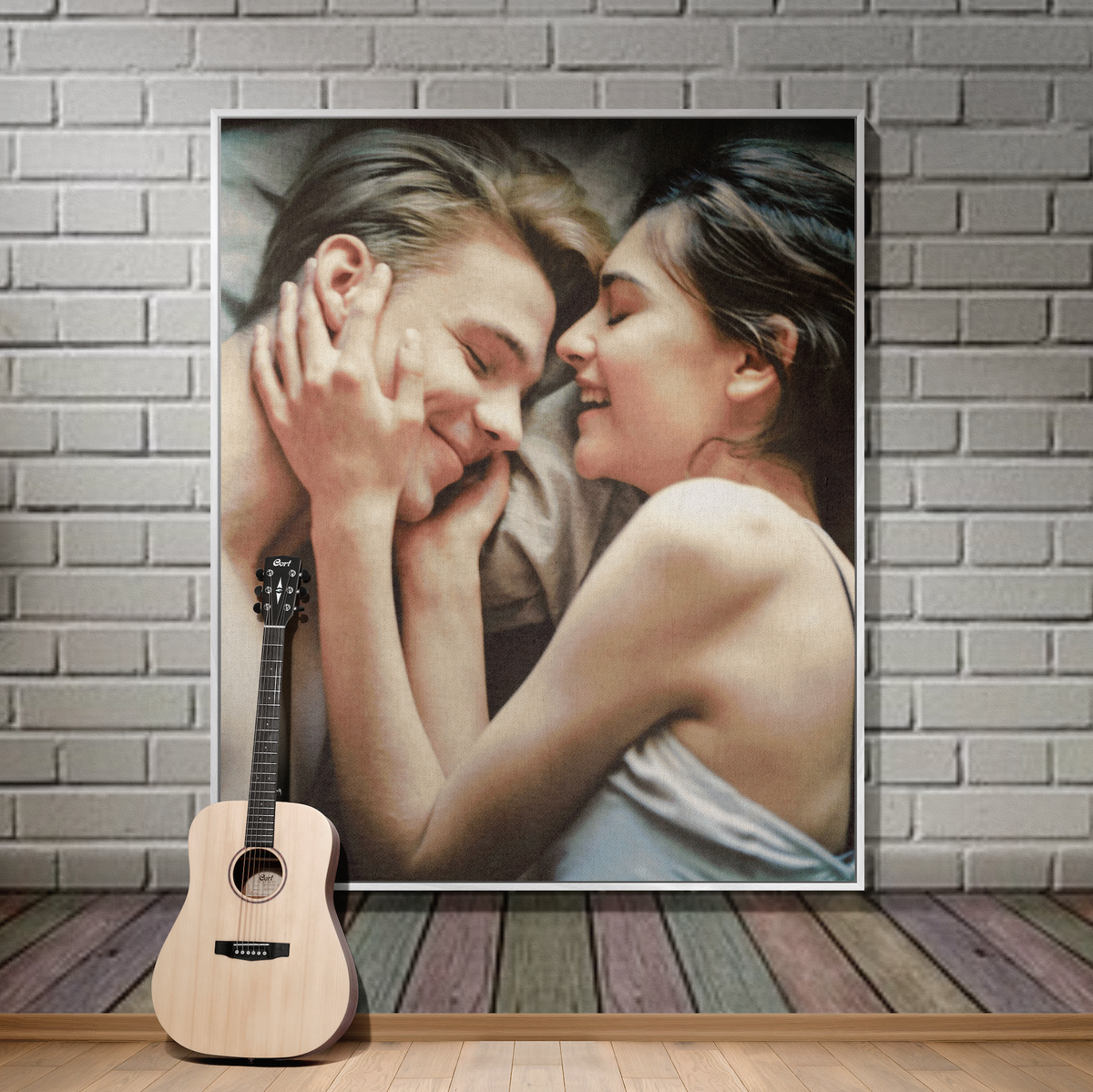 Custom couple photo tapestry displayed as romantic wall decor