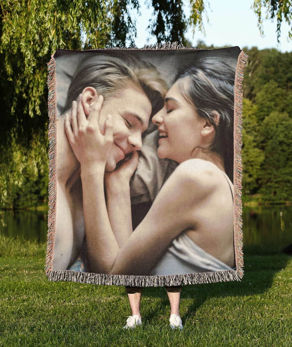 Custom woven photo blanket for couples in 50 by 60 inch size