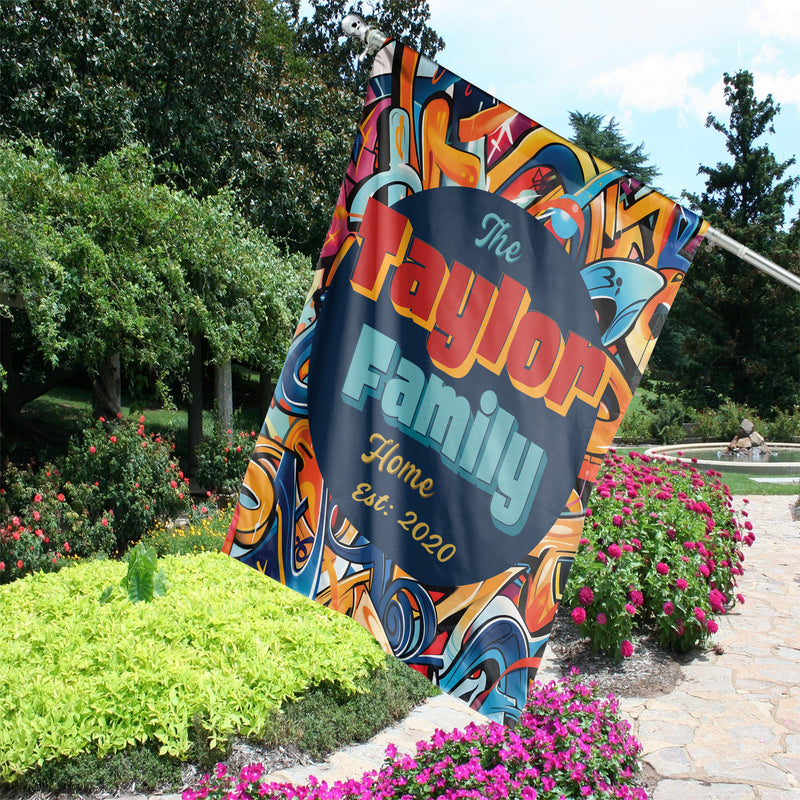 Personalized Summer Spring urban Graffiti Garden Flags for Outside. Custom Welcome House flag with Family Name. Decorative Outdoor Sign. Double Sided, UV Resistant Polyester - Various Sizes