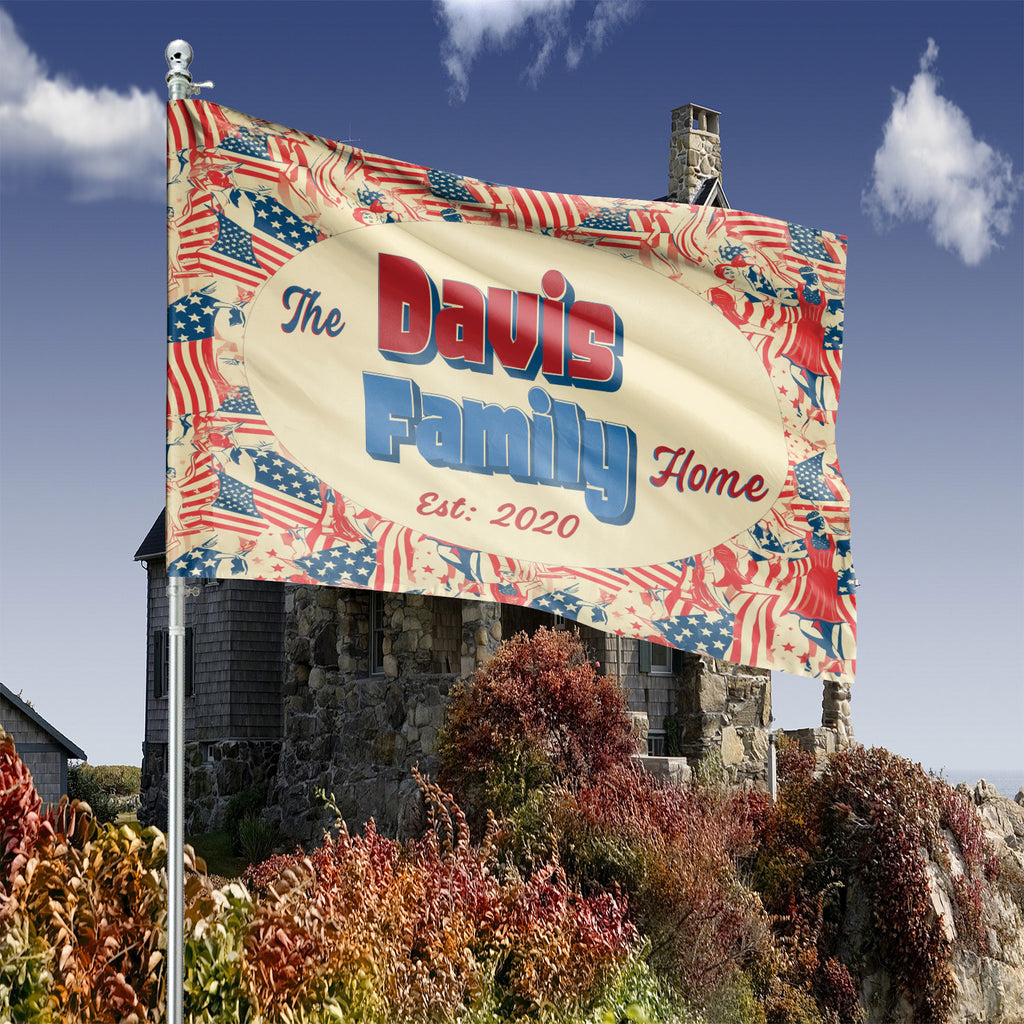 Red white and blue personalized yard flag for outside
