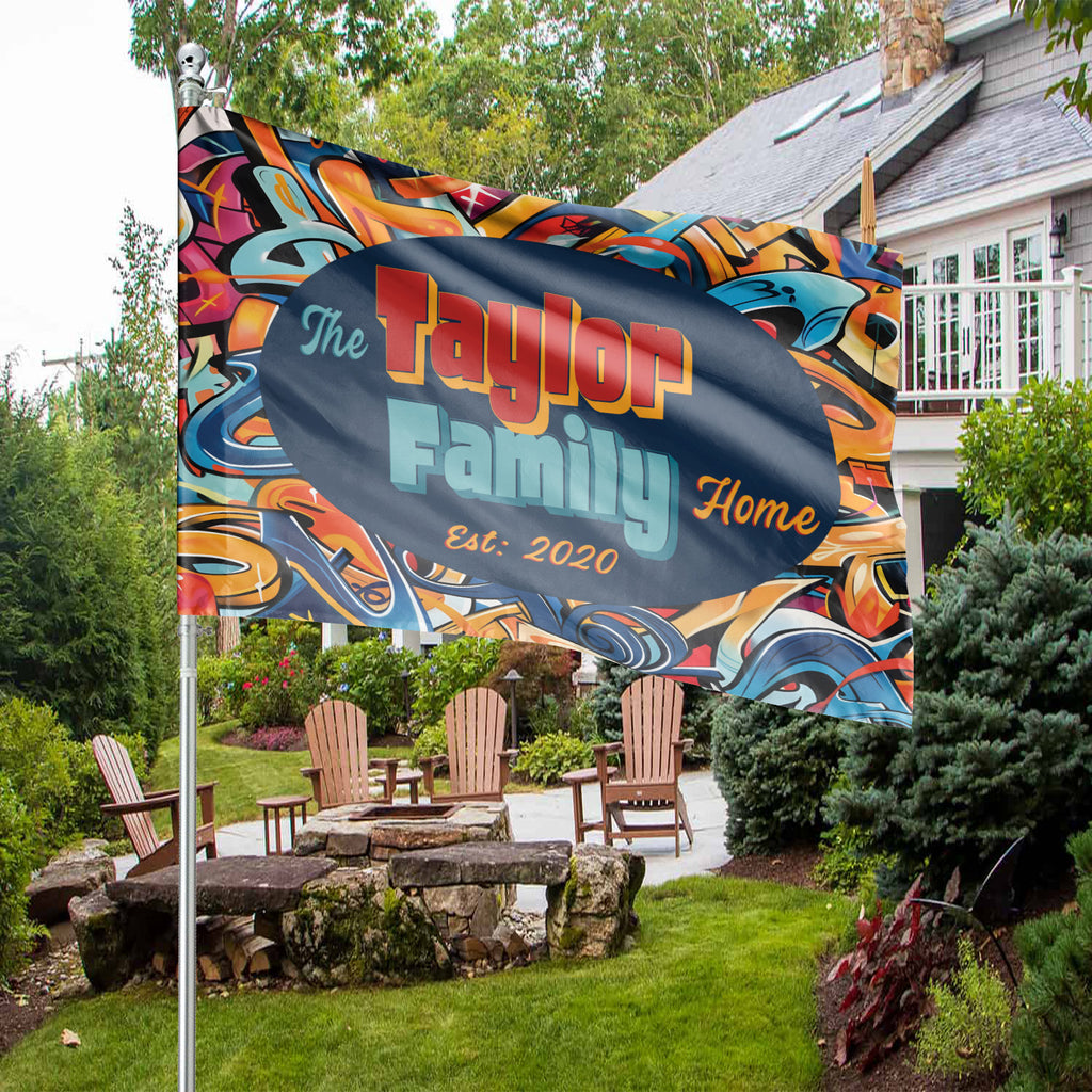 Custom GARDEN FLAGS | Welcome House Flag | Personalized Name | Double-Sided, UV Resistant Polyester | Abstract Graffiti
